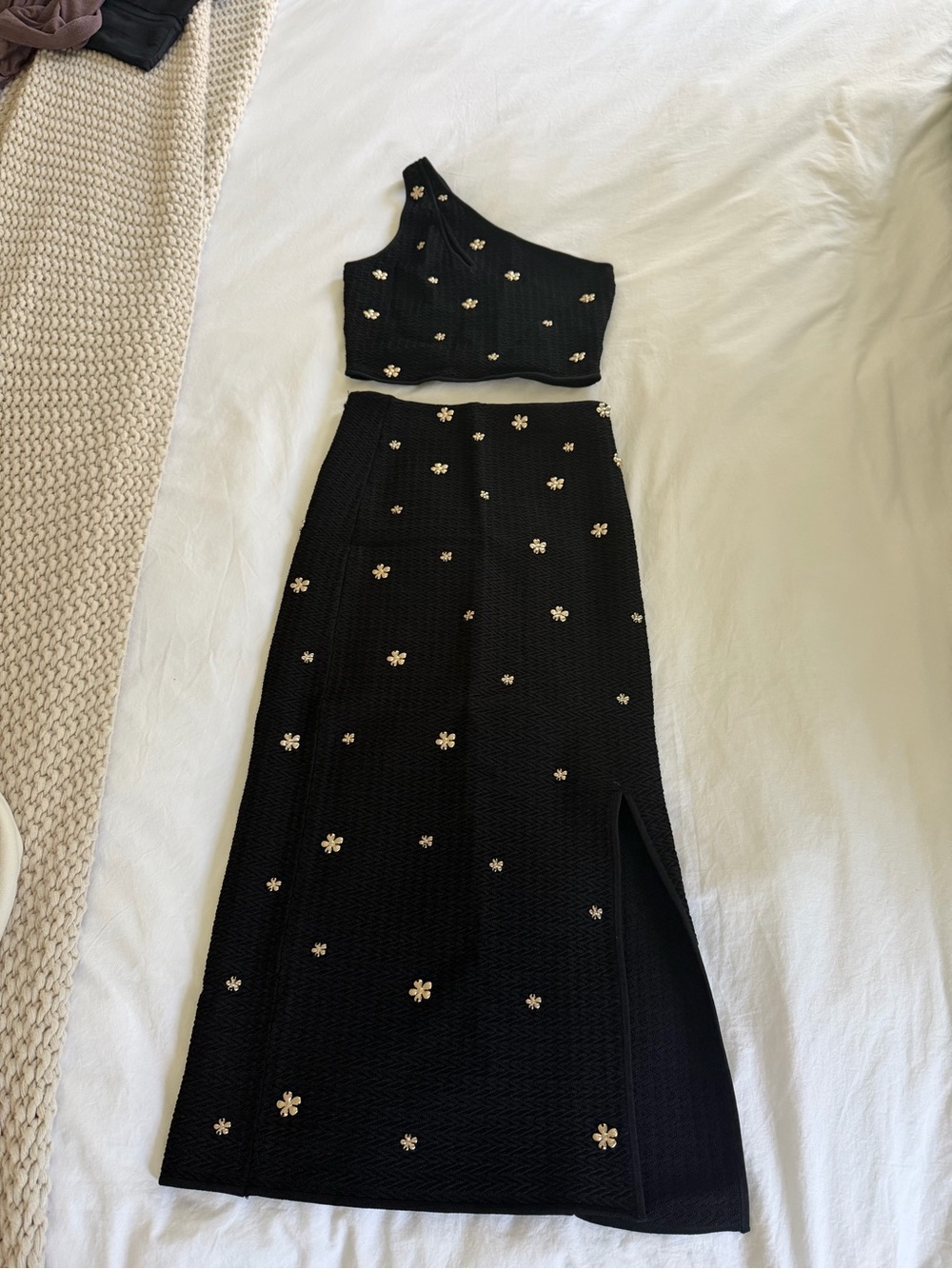 Black One-Shoulder Crop Top & Midi Skirt Set with Gold Daisy Embellishments